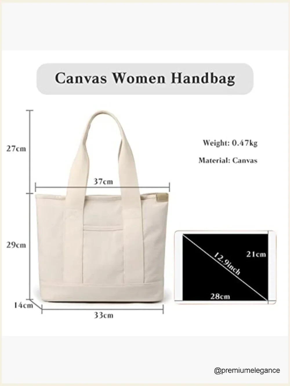 Canvas Tote Bag Lightweight Shoulder Hobo Large Capacity Work Travel